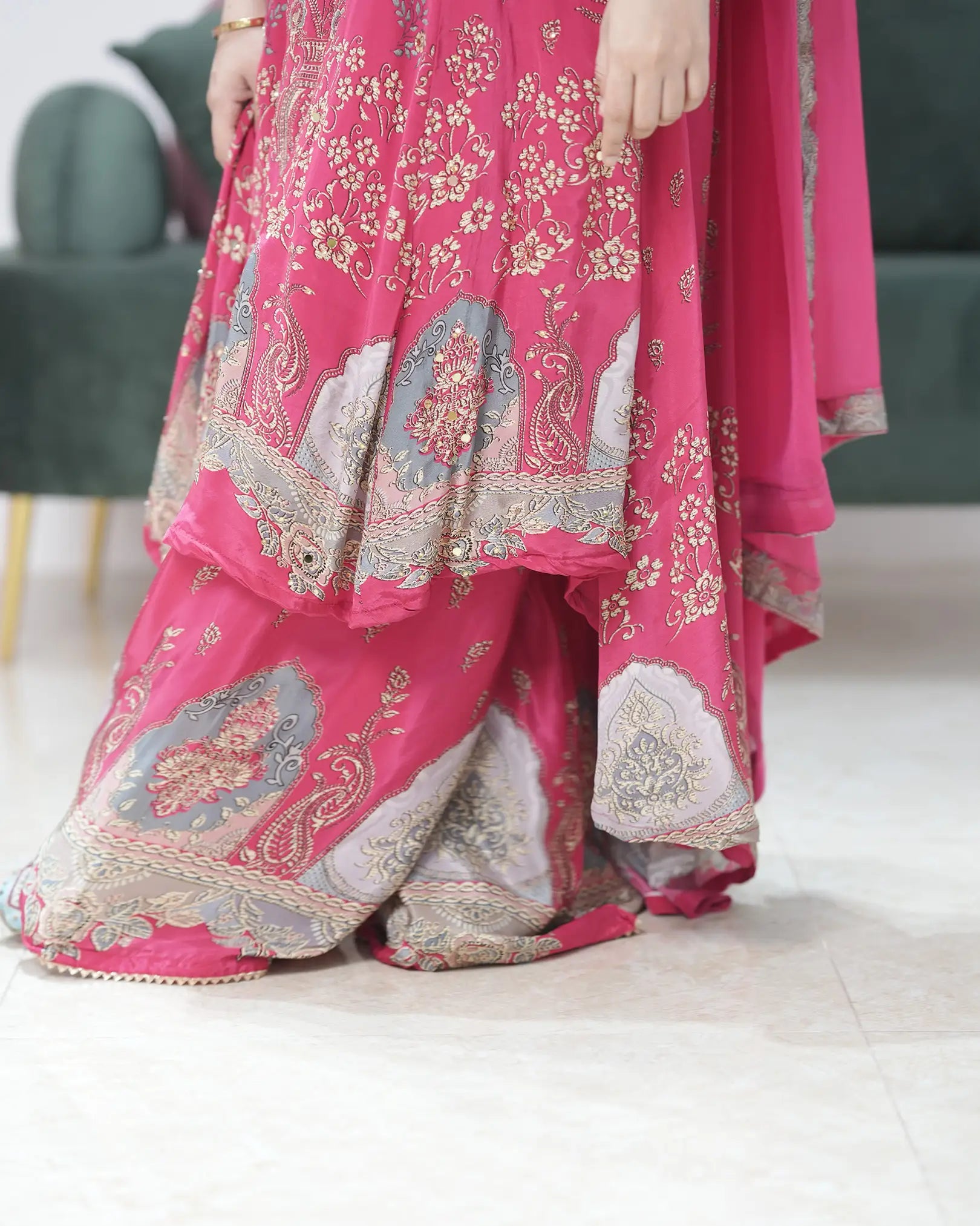 Crepe silk up and down panel cut anarkali rani pink