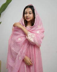 Mul chanderi emroidered anarkali piunk color