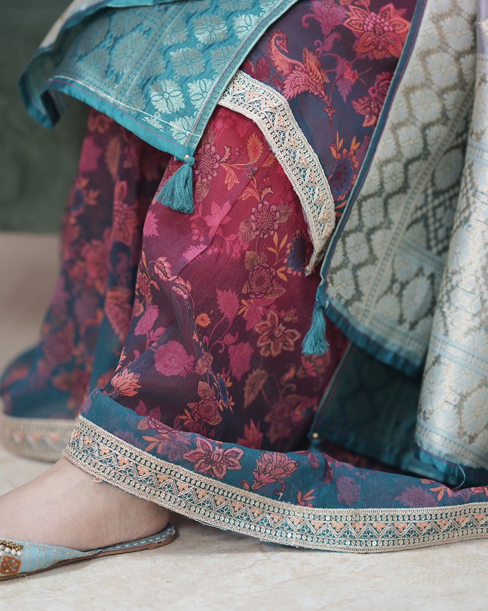 Ombre shaded soft organza sharara suit- red and green