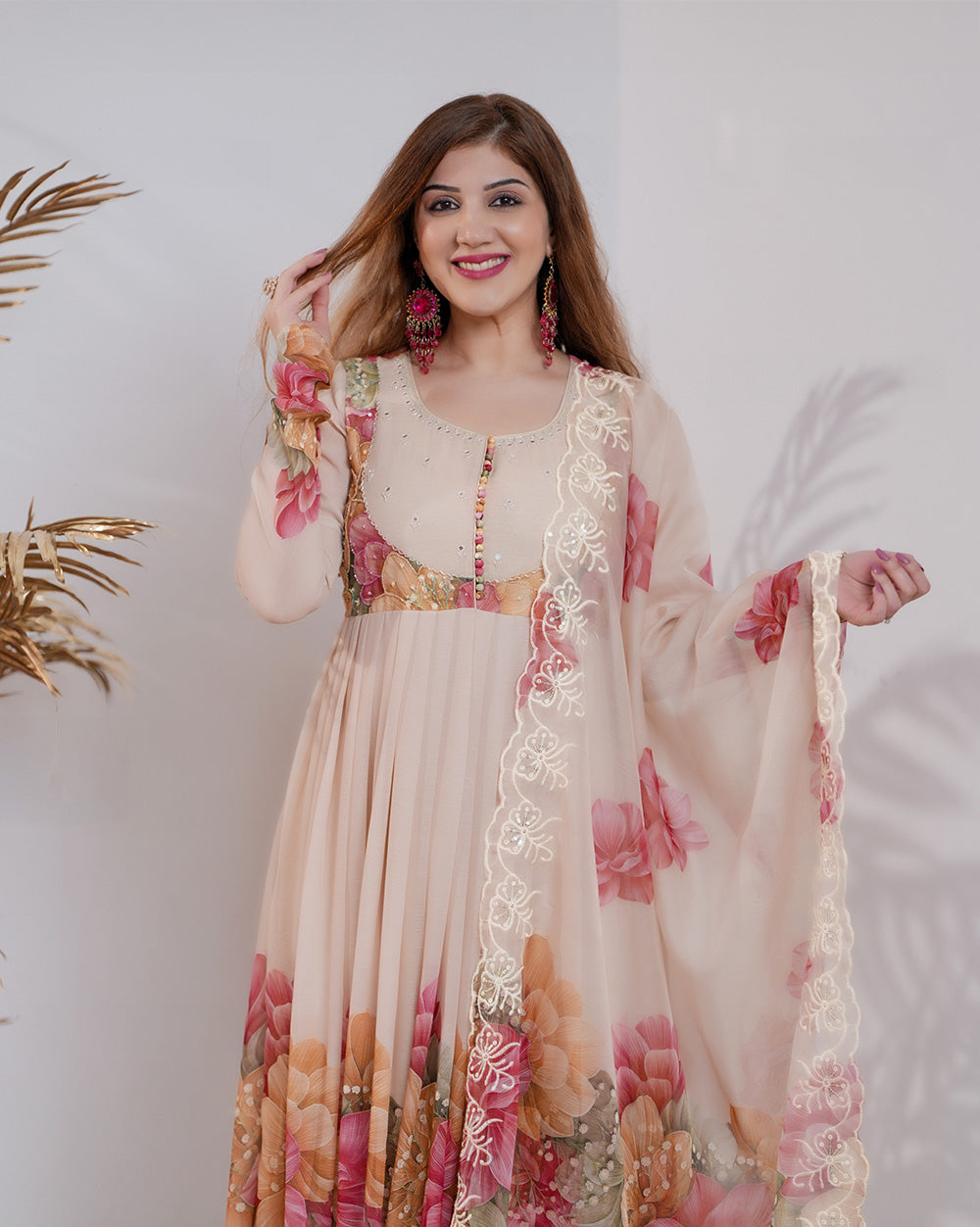 Floral printed pleated chiffon anarkali -  beige