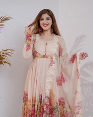 Floral printed pleated chiffon anarkali -  beige