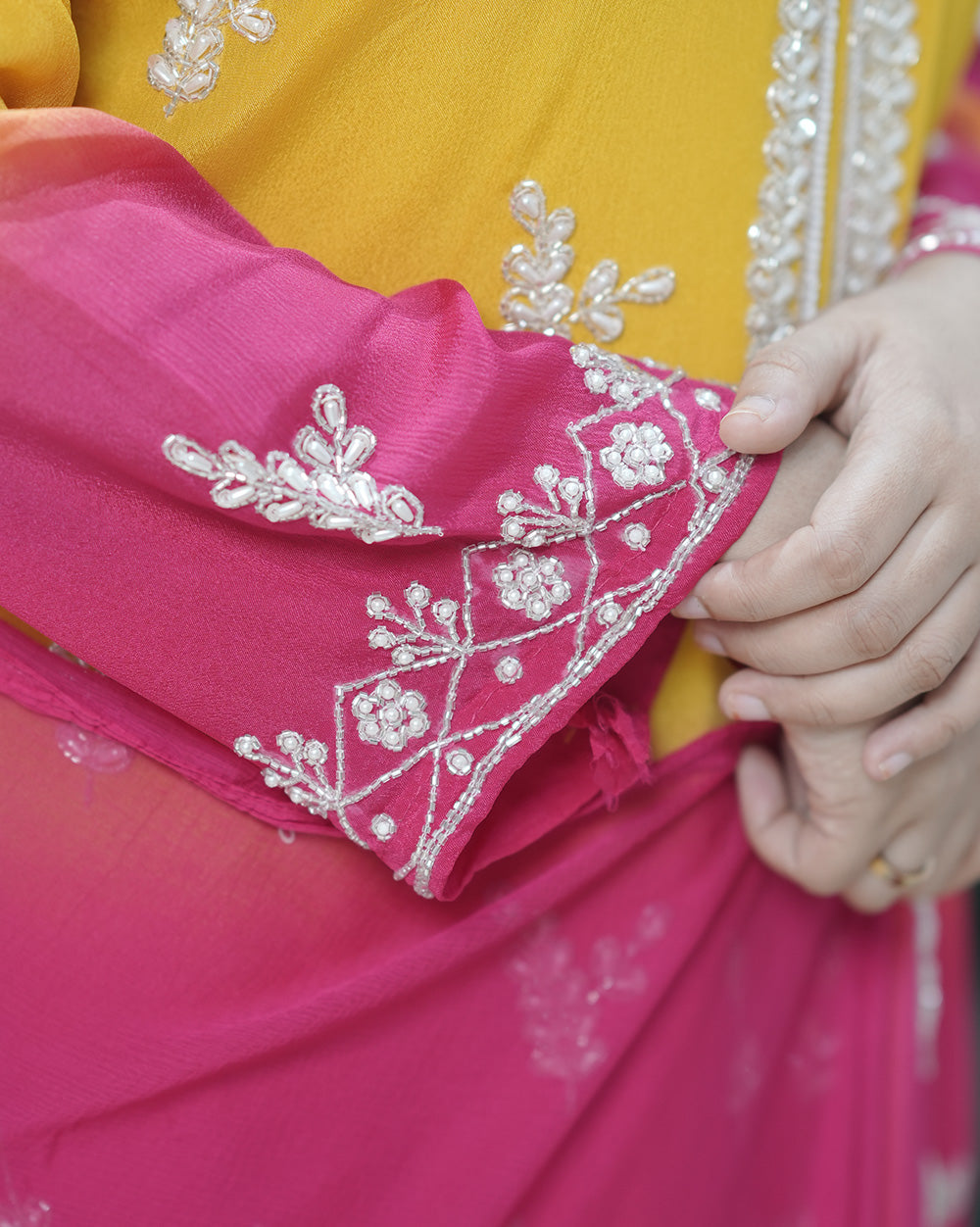 Ombre shaded chinon party wear salwar suit- pink and yellow