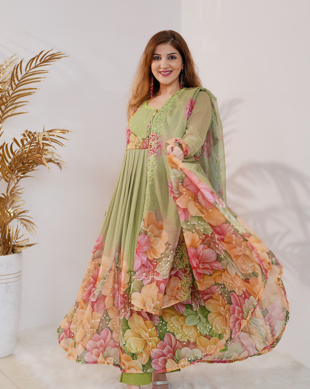 Floral printed pleated chiffon anarkali -  pale green