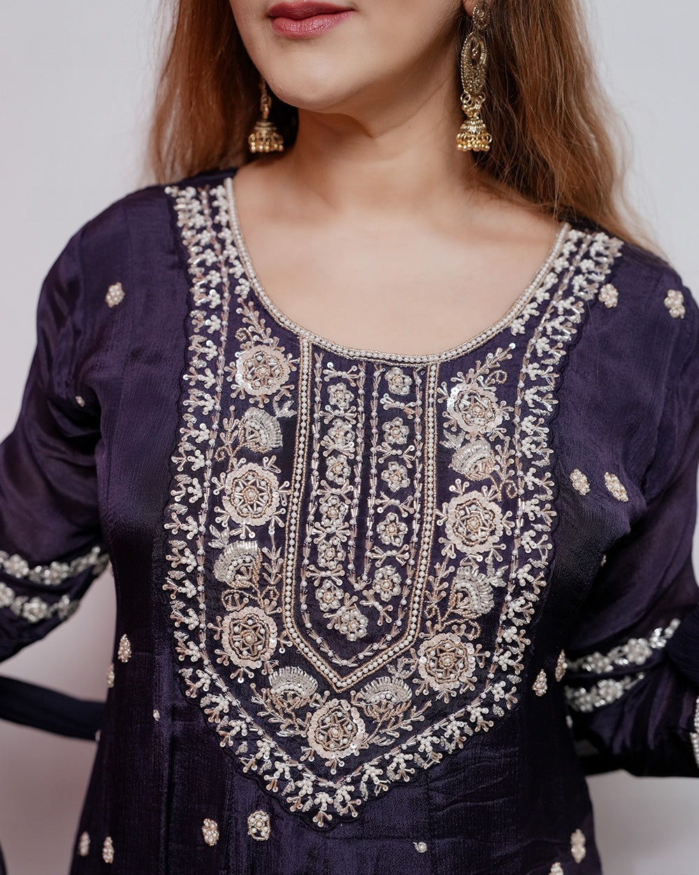 Heavy handworked chinon silk panel cut salwar suit- dark blue