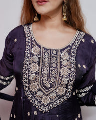 Heavy handworked chinon silk panel cut salwar suit- dark blue