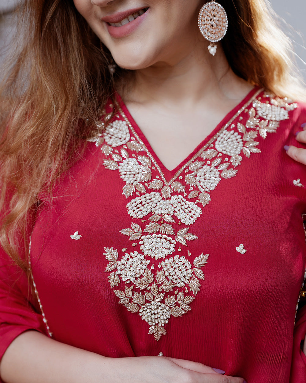 Handworked chinon silk A-line suit- rani pink