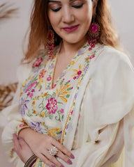 Embroidered pleated Anarkali with center panel- cream color