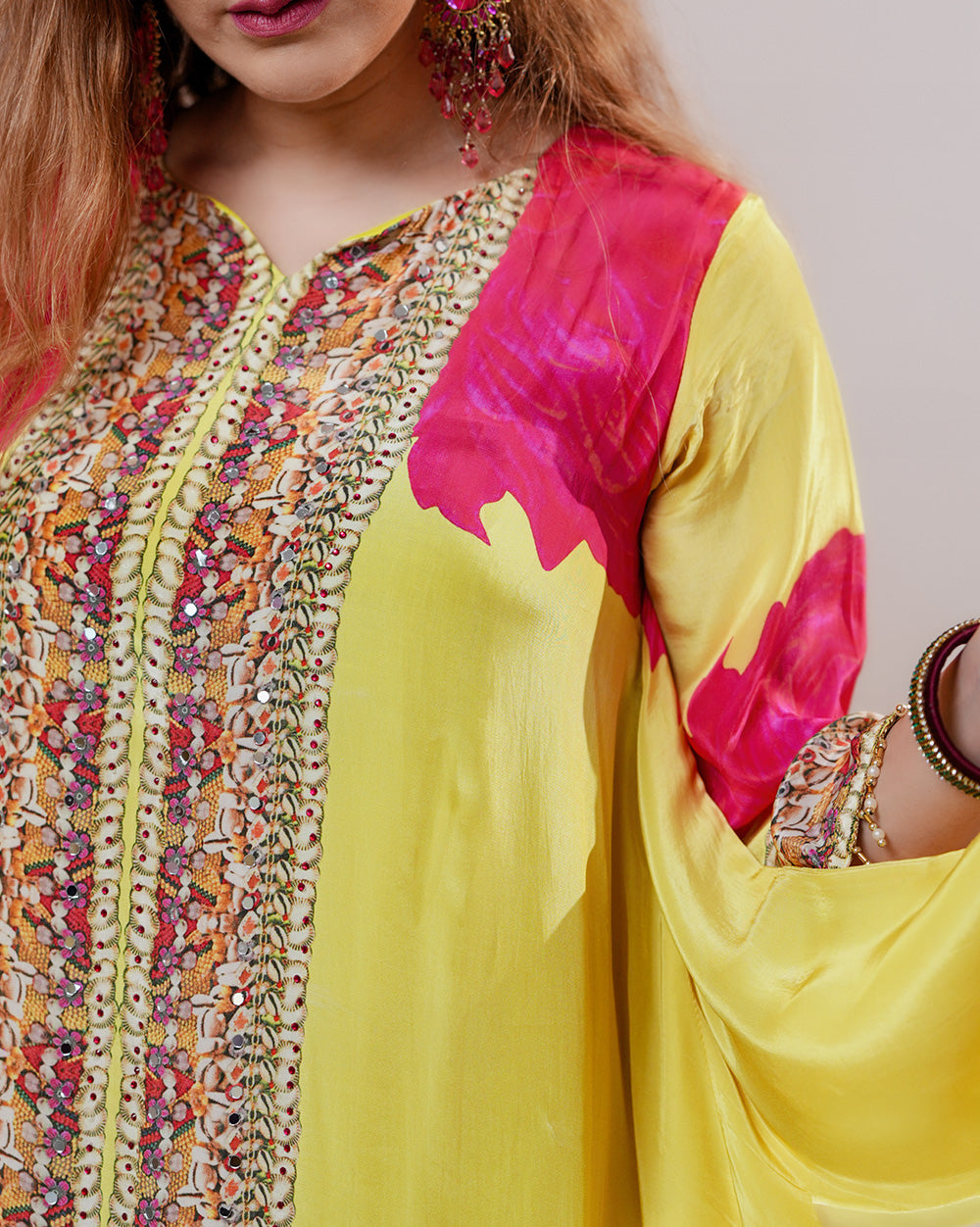 Crepe silk up and down cut 2pc salwar suit- yellow