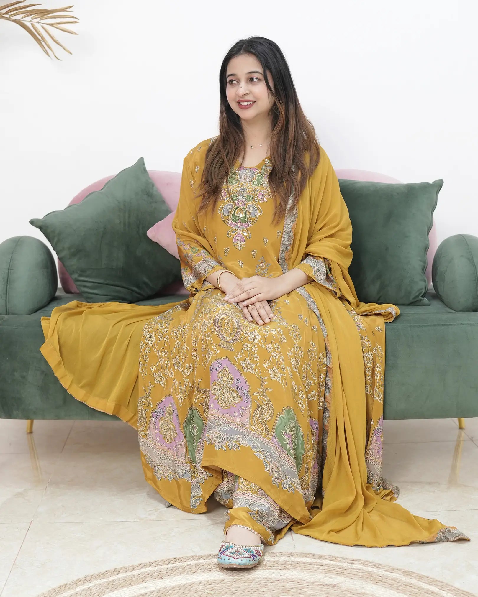 Crepe silk up and down panel cut anarkali mustard yellow