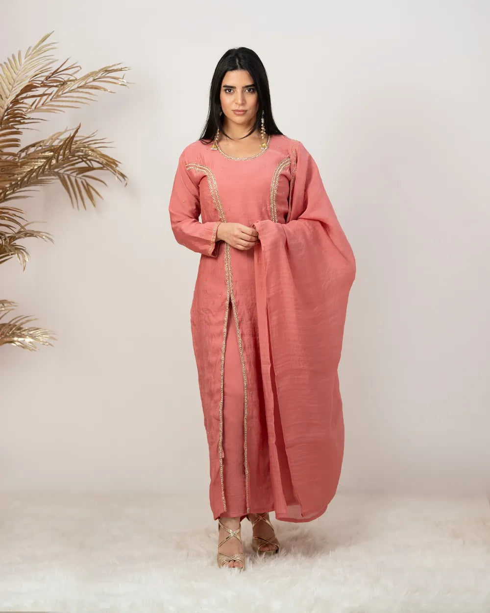 Handworked double slitted suit- pink shade