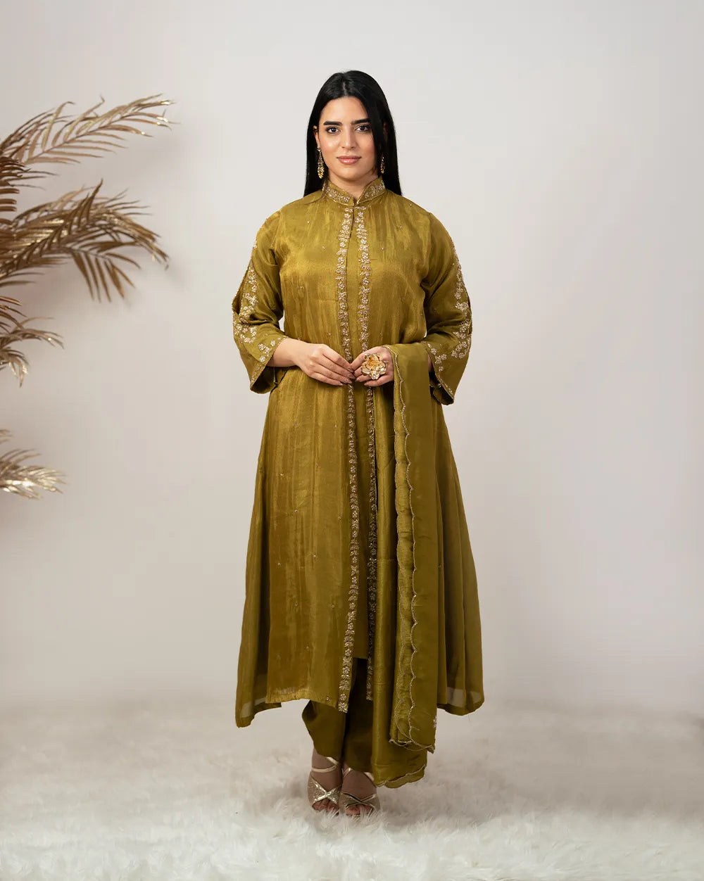 Handworked jacket style salwar suit-green