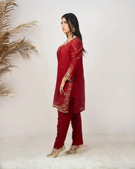 Heavy handworked crush tissue suit- maroon