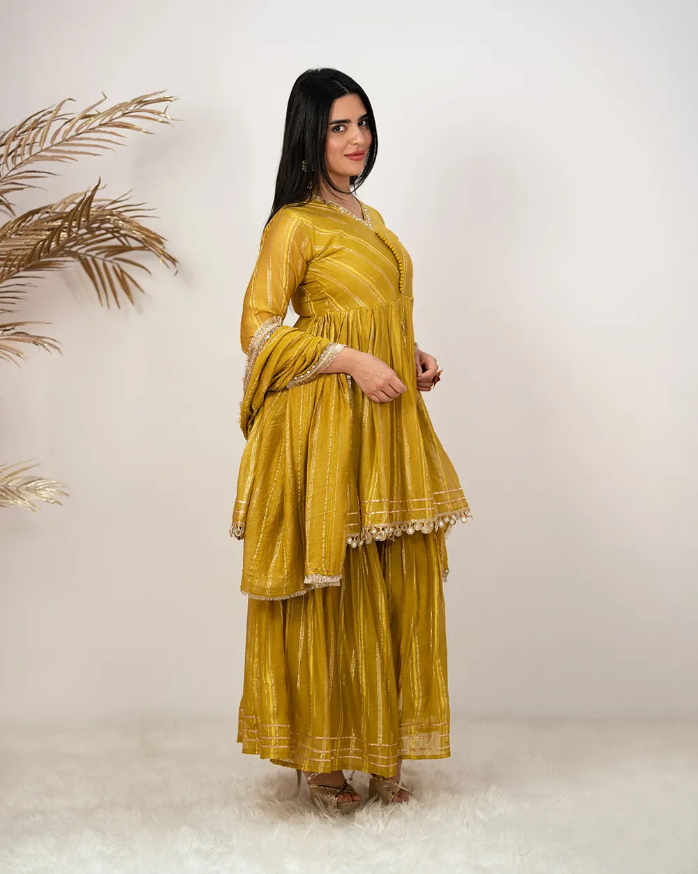 Sharara suit with peplum top- mustard yellow