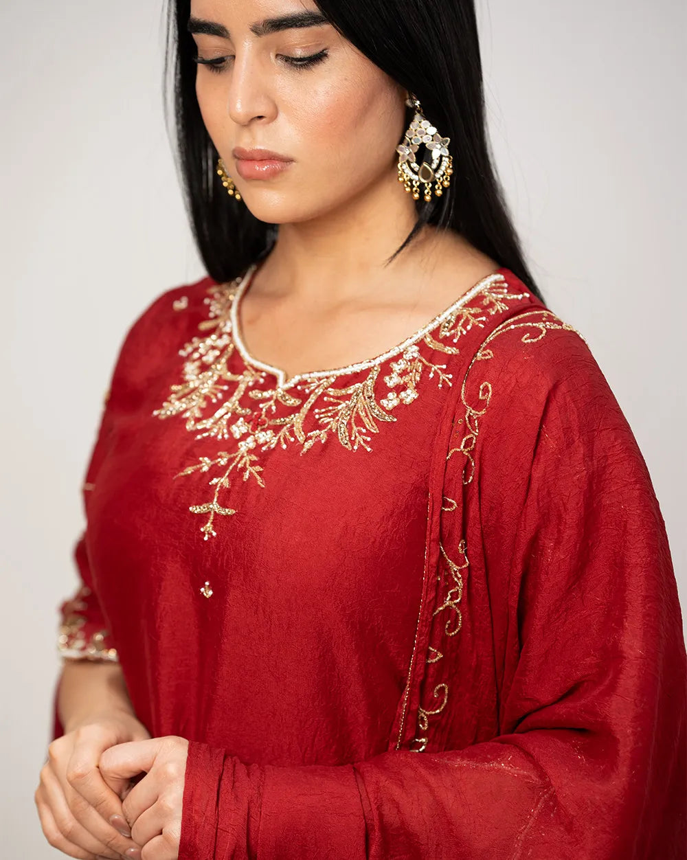 Heavy handworked crush tissue suit- maroon